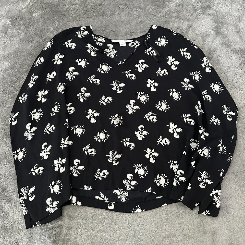 Diane Von Furstenberg Silk Poncho Oversized Tunic Top Blouse Black Flowers XS
